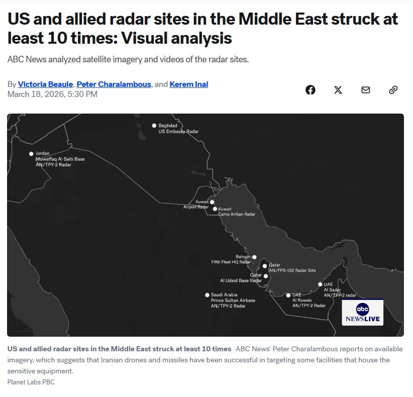 Realnews829984's tweet image. ⚡️ DÉGAST MASSIFS CONFIRMÉS PAR SATELLITES ! 

ABC News analyse : 
Au moins 10 radars iraniens détruits + 25 sites frappés sur 7 bases dans 5 pays (hangars, carburant, logistique).

AN/TPY-2 THAAD et radars phasés au Qatar ciblés.

7 pays touchés, dégâts immenses !

 #ABCNews