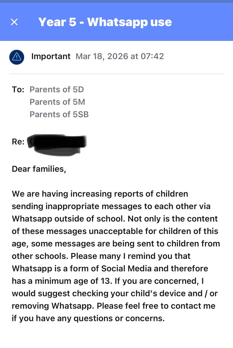 Since when are schools in control of what our children do outside school!? Yes, inappropriate behaviour on SM is wrong, Yes, the SUGGESTED age is 13. But to send out a message to parents on how to manage it is not their job!!