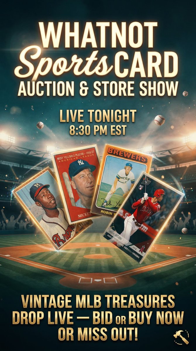 Vintage Baseball with Giveaways tonight on <a href="/Whatnot/">Whatnot</a>!  Plenty of great auctions and a loaded shop with Mantle, Mays, Clemente &amp; More! 8:30pm EST. Hope to see you there! whatnot.com/s/O9NmYSPH