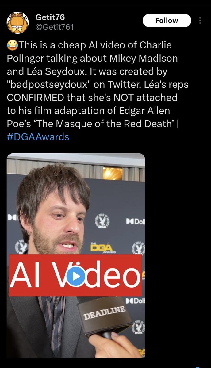 CastaRepe's tweet photo. @erikatheecasier @Getit761 This person said that Deadline interview with Charlie Polinger at the 2026 DGA Awards was "AI" and that this "AI" video was created by a user called badpostseydoux, which is false because Deadline wouldn't post this if it was AI lol. https://t.co/Dh0QI43kGv