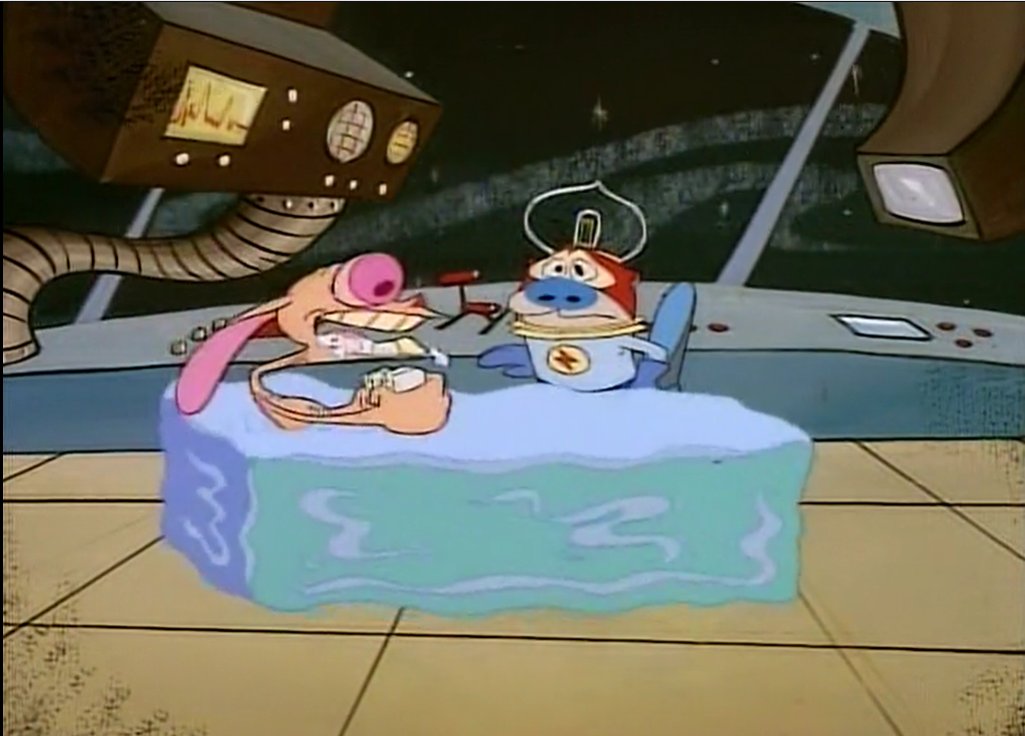 radiodormouse's tweet image. On Space Madness, Carbunkle’s animation emphasized extreme facial expressions, elastic body distortion and dramatic staging (e.g., the shots of Ren in a bathwater cube), blending Golden Age animation with TV-ready pacing. #AnimationHistory #RenAndStimpy