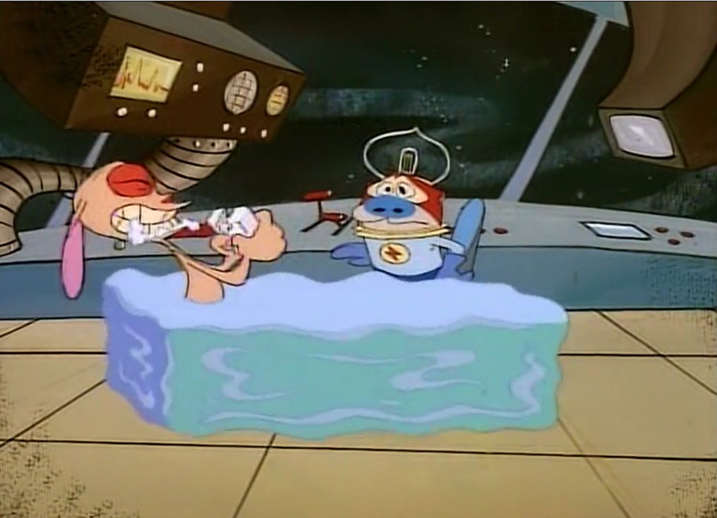 radiodormouse's tweet image. On Space Madness, Carbunkle’s animation emphasized extreme facial expressions, elastic body distortion and dramatic staging (e.g., the shots of Ren in a bathwater cube), blending Golden Age animation with TV-ready pacing. #AnimationHistory #RenAndStimpy