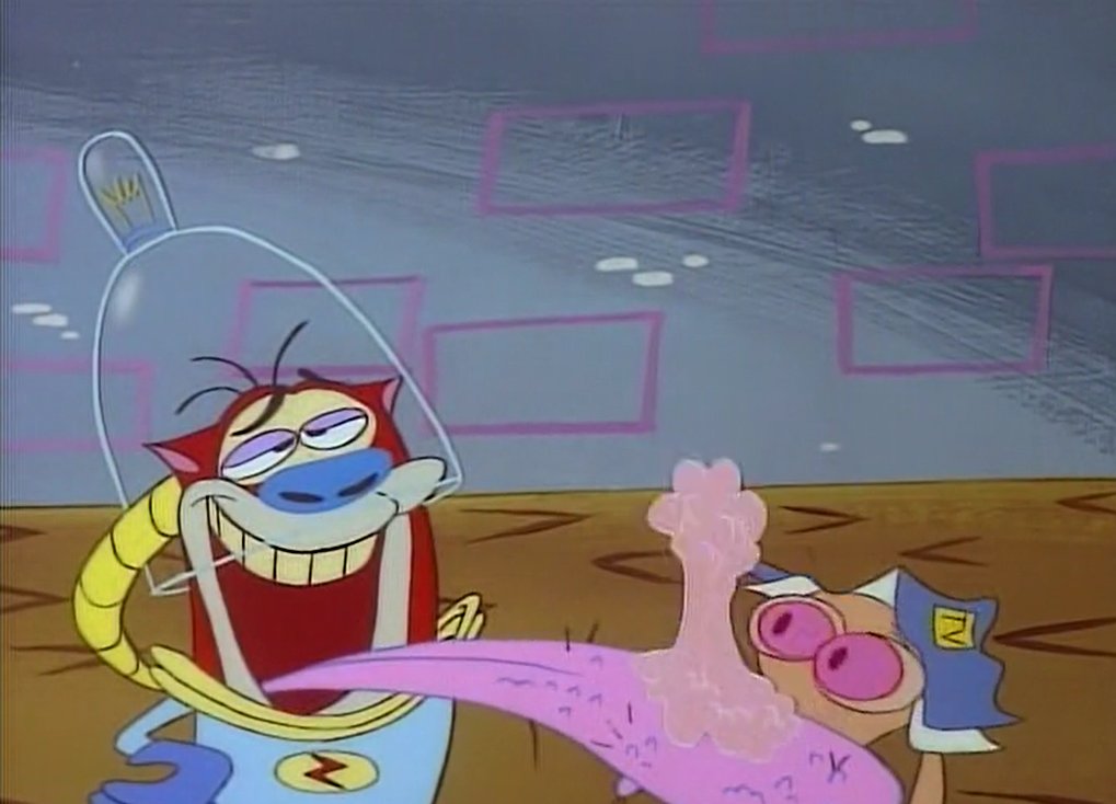 radiodormouse's tweet image. On Space Madness, Carbunkle’s animation emphasized extreme facial expressions, elastic body distortion and dramatic staging (e.g., the shots of Ren in a bathwater cube), blending Golden Age animation with TV-ready pacing. #AnimationHistory #RenAndStimpy