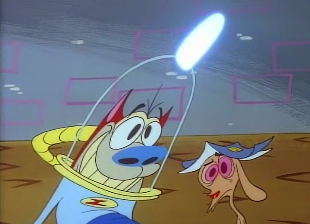 radiodormouse's tweet image. On Space Madness, Carbunkle’s animation emphasized extreme facial expressions, elastic body distortion and dramatic staging (e.g., the shots of Ren in a bathwater cube), blending Golden Age animation with TV-ready pacing. #AnimationHistory #RenAndStimpy