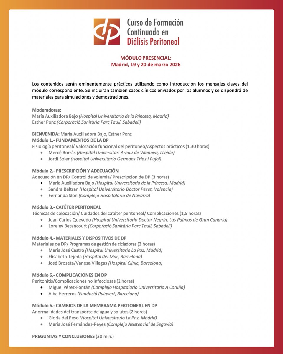 SENefrologia's tweet photo. 🔴 HOY comienza el módulo presencial del V Curso de DP en Madrid, tras 6 meses de formación online 💻#CursoStaffDP26
➡️ Consulta el programa👇
🔗 https://t.co/hnmMEwigSG
👏 Gracias a alumnos, profesores y colaboradores por vuestro compromiso con la #FormaciónSenefro
@FME_Global @VantiveHealth