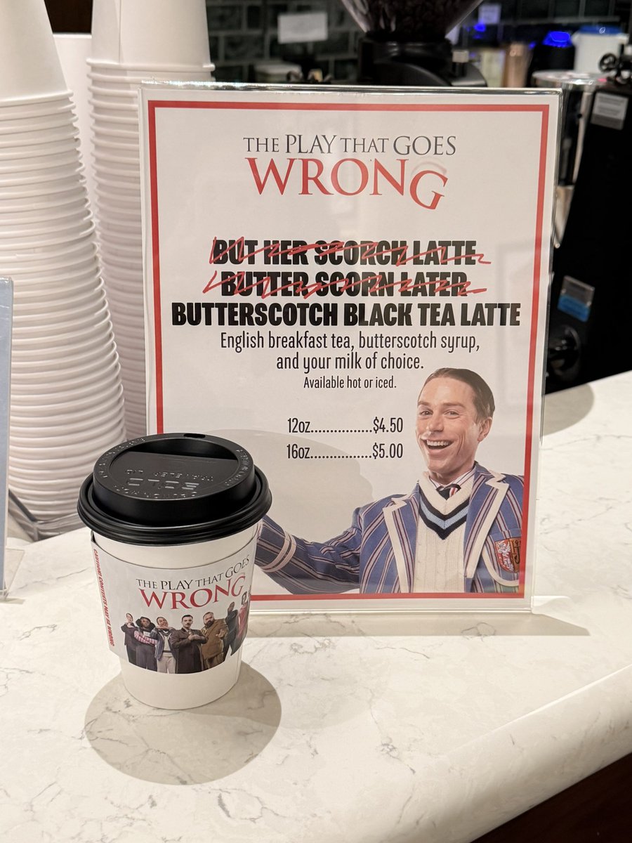 BwayGoesWrong's tweet photo. Looking for more ways to go WRONG? Stop by The Drama Book Shop to try a Butterscotch Black Tea Latte, check out fun displays, or even get your own copy of #BwayGoesWrong! https://t.co/DS1f1VuHfv