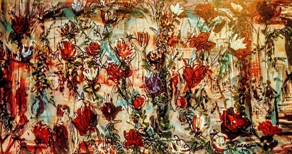 A wall of roses impede your journey towards the pergola. Fear not, their thorns will show mercy if you tread carefully. #Cucaro 
#artshare #art #artwork #artlovers #Artforum #Artnet #midcentury #1960s  #abstractart #artmoots #artbots  #artistcommunity #artistcornerTS #ArtistOnX