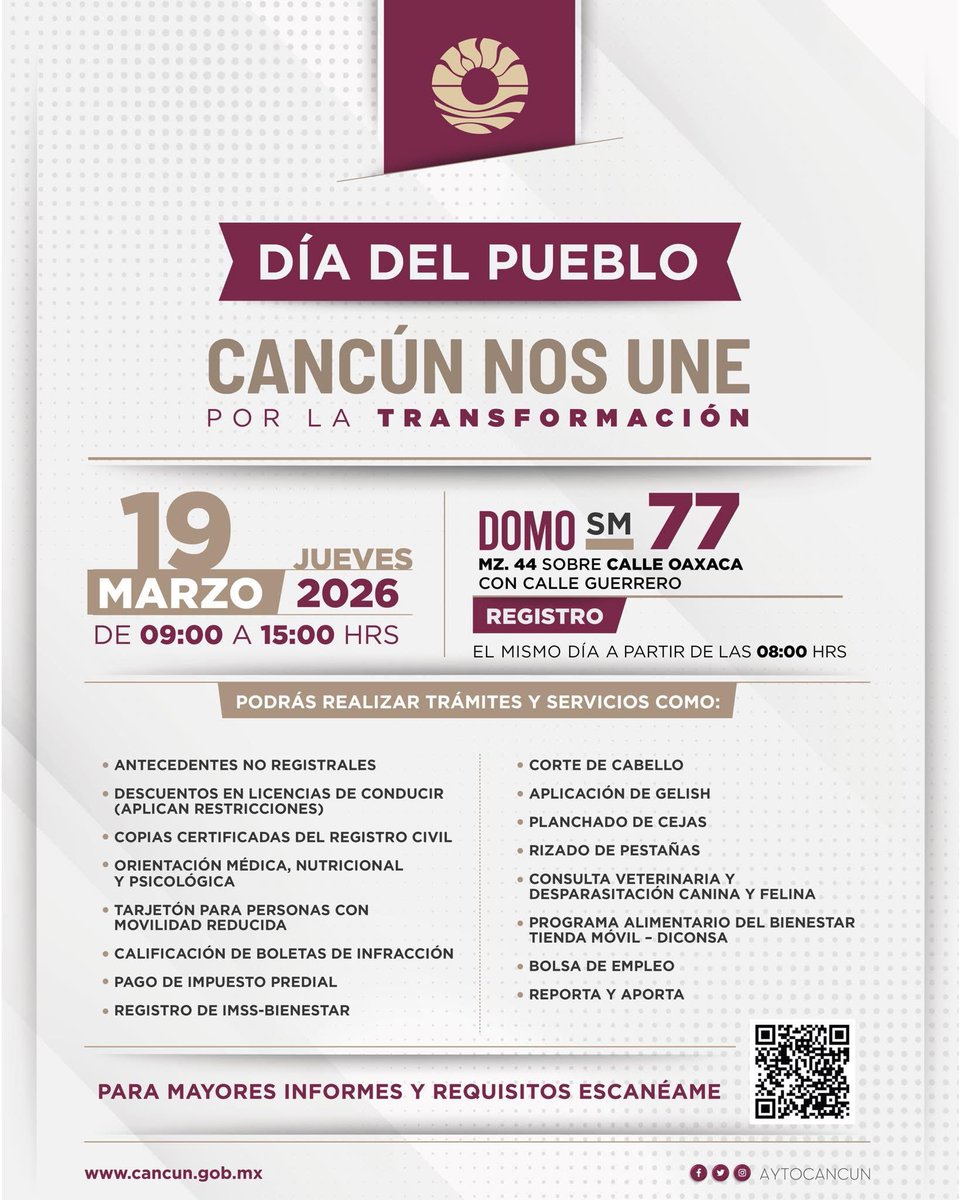 Cancunenses, les esperamos en nuestra Jornada de #DíaDelPueblo en el Domo de la SM 77.🤝

Estaremos el día jueves 19 de marzo hasta las 3:00 p.m. atendiéndoles con más de 100 trámites y servicios de dependencias municipales, estatales y federales.