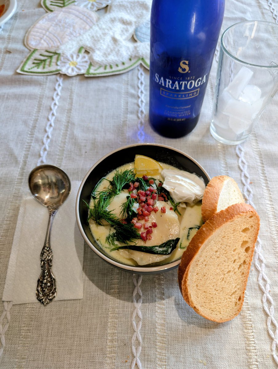 Tonight we are having creamy lemon pierogi soup with pancetta, spinach, fresh dill, and sour cream. 

Special Guest - A small Sterling Silver ladle 

Recipe is not to give - if you really want it, send a DM and I'll see what I can do