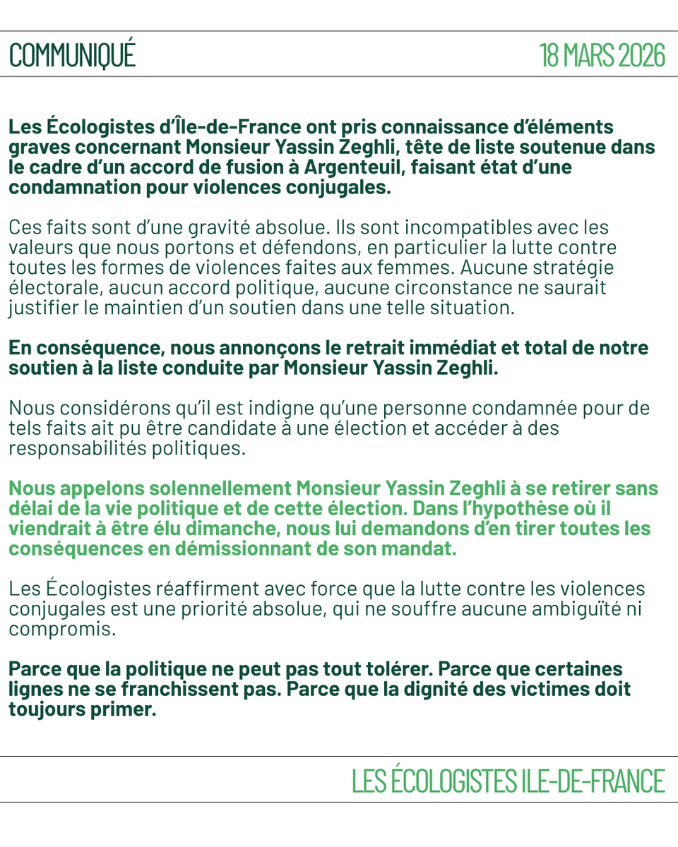 BechirSkt's tweet photo. Chez les Ecologistes, on ne transigera jamais sur la question des violences sexistes et sexuelles. 

Nous retirons notre soutien à la liste de Yassin Zeghli à Argenteuil. https://t.co/W9UGGXBLha