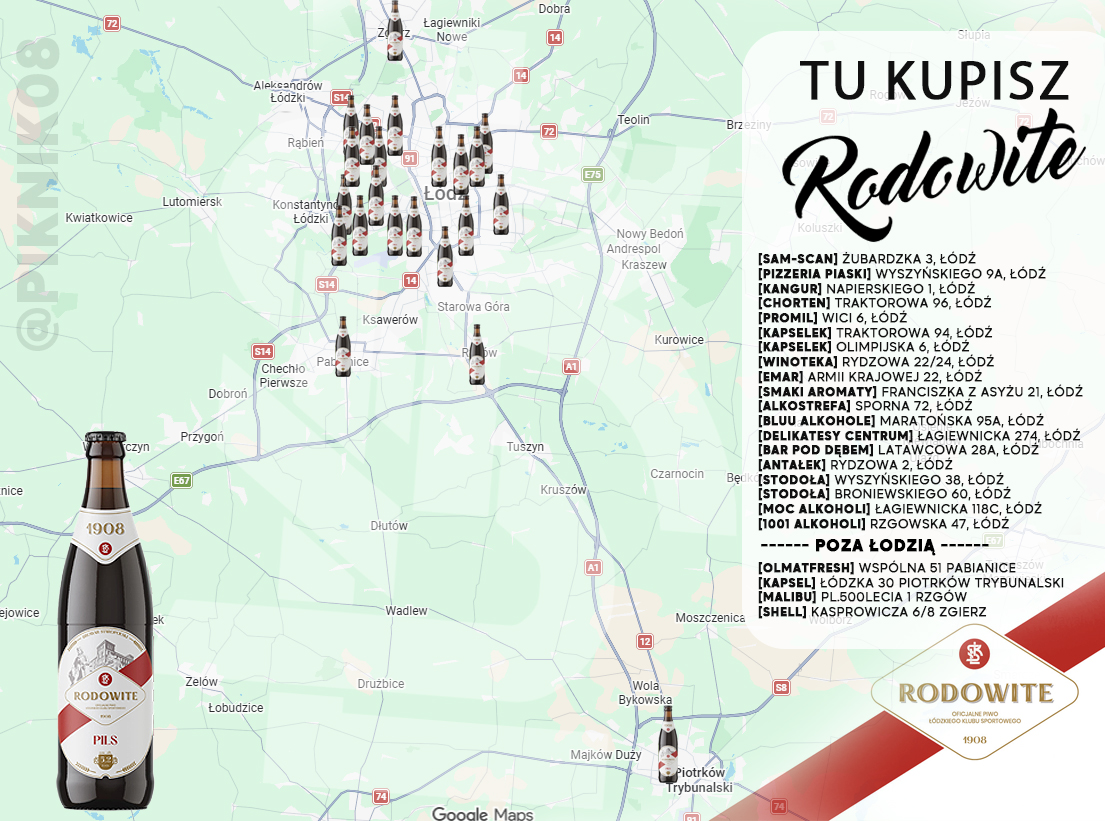 Drodzy #łodzianie,
Piwo <a href="/rodowite/">Rodowite Pils</a> powraca do sklepów w naszym województwie!💪
Oficjalne piwo <a href="/LKS_Lodz/">ŁKS Łódź</a> możecie kupić nie tylko na terenie całej Łodzi, ale i w Pabianicach, Rzgowie, Zgierzu czy Piotrkowie! 🍻
Stworzyłem dla Was mapkę z punktami w których możecie nabyć najlepsze