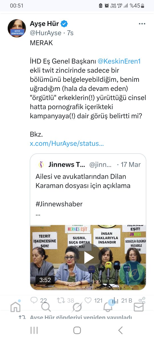 Bu kadın gündemde kalmak için, ibişlerinden aferin almak için yapmayacağı tahrik edici bir şey bırakmadı. Kimse ilgilenmeyince,  Eren Keskin'i hedef yapmaya çalışıyor. İbişlerinden biri kendisine söylesin, varsa gerçek bir tehdit, İHD'ye gidip başvursun. Burada cak cak etmesinin