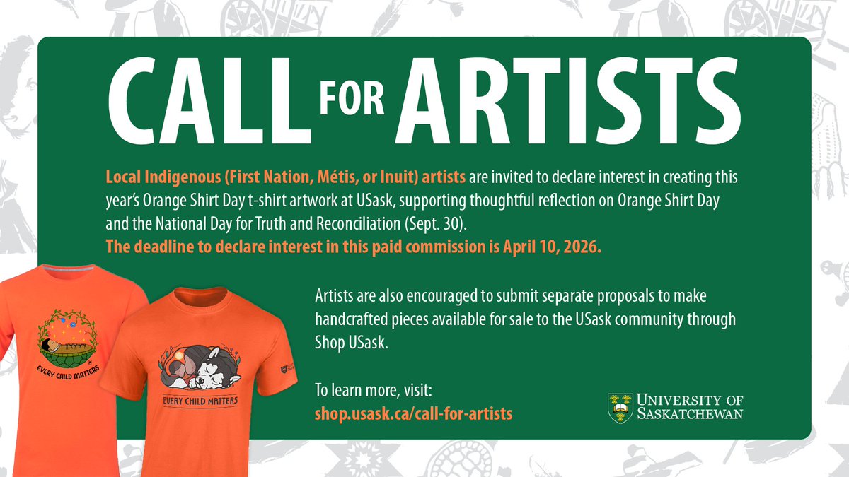 USaskHealthSc's tweet image. Local Indigenous artists: Declare interest in creating this year’s commissioned Orange Shirt Day artwork at #USask to invite learning and conversation grounded in truth and shared purpose.

Details: shop.usask.ca/call-for-artis… 

#USaskIndigenous #NDTR