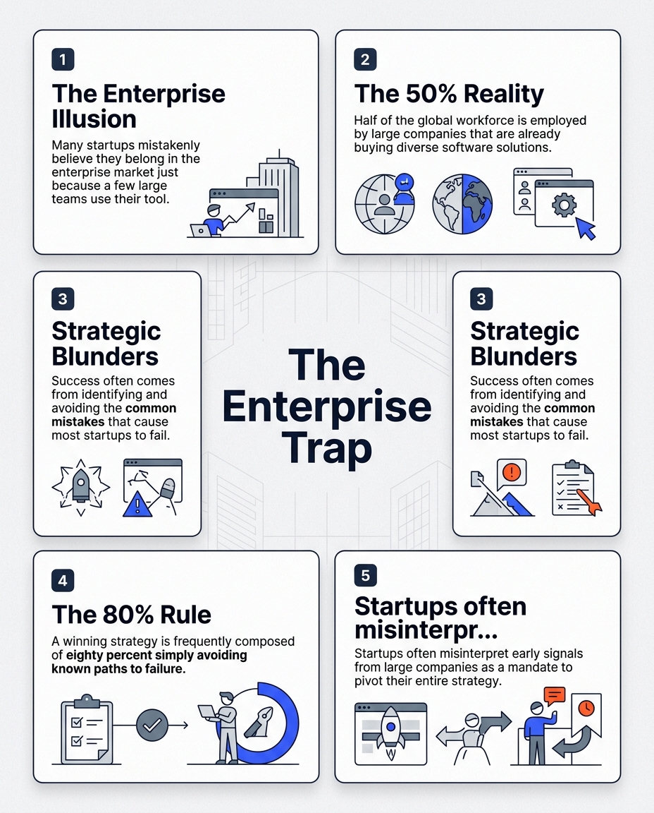 i2shou's tweet photo. Just because a few corporate teams use your tool doesn't mean you're ready for the Enterprise. 50% of the workforce is already at big companies—they're buying, but that doesn't mean you should pivot. Don't let a 'go upmarket' obsession kill your momentum.
#StartupStrategy #SaaS https://t.co/ViAc4dkSHR