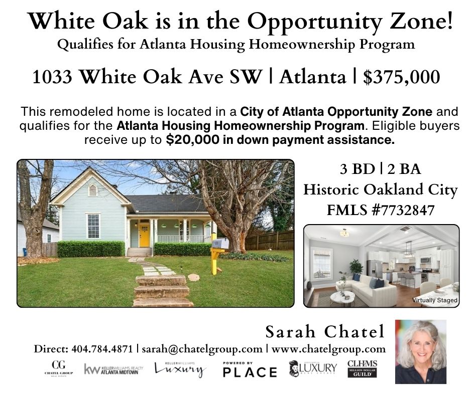 Our listing at 1033 White Oak Avenue SW just became even more exciting. Located in a City of Atlanta Opportunity Zone, this home qualifies for the Atlanta Housing Homeownership Program — opening the door for qualified buyers to receive serious financial support.