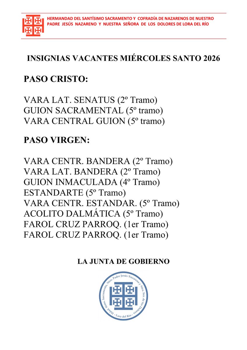 #VACANTES Insignias Vacantes Miércoles Santo. Mañana se procederá a su asignación por riguroso orden de llegada, en horario de 19:00 a 21:30