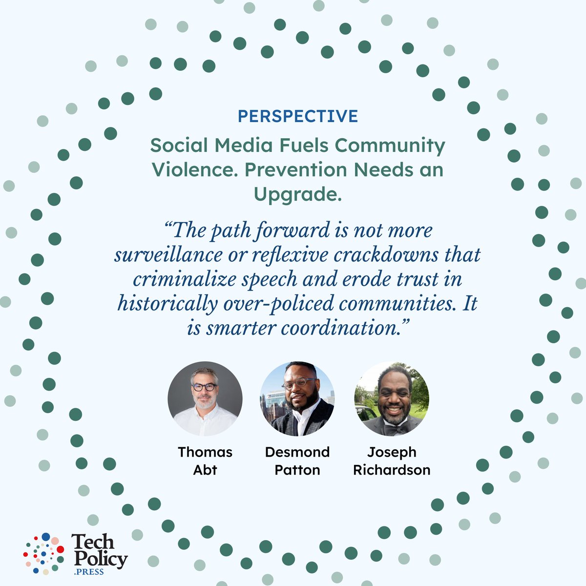 VRC_UMD's tweet image. Smart coordination saves lives — Intervening in online violence requires coordination and commitment from tech platforms, community violence interrupters, researchers, law enforcement and impacted youth. techpolicy.press/social-media-f…
#socialmedia #communityviolence #gunviolence