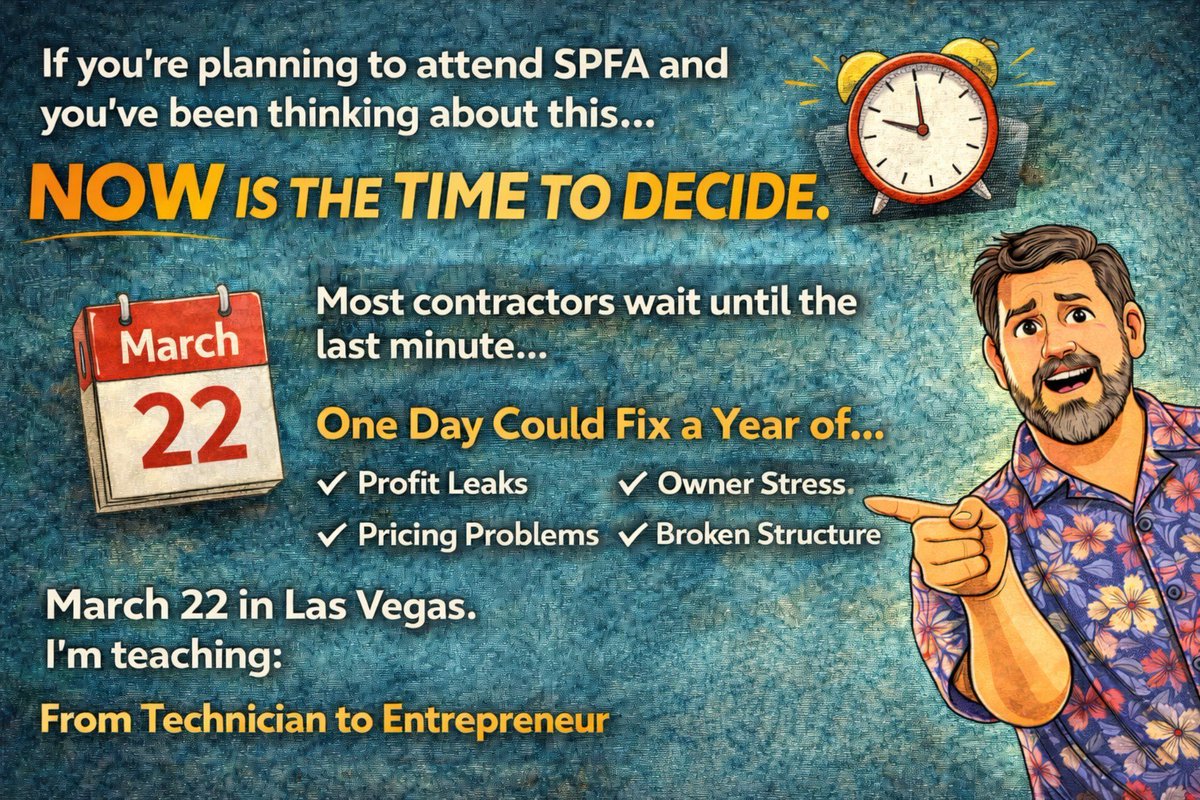 SPFAdvisor's tweet photo. Most contractors don’t fail from one bad decision
They fail because they delay an important one
Pricing is wrong 
Margins are thin
Stress is high
If you wait, the problem decides for you
Now is the time to decide are you joining From Technician to Entrepreneur at SPFA March 22 https://t.co/zmJ8swTGEQ