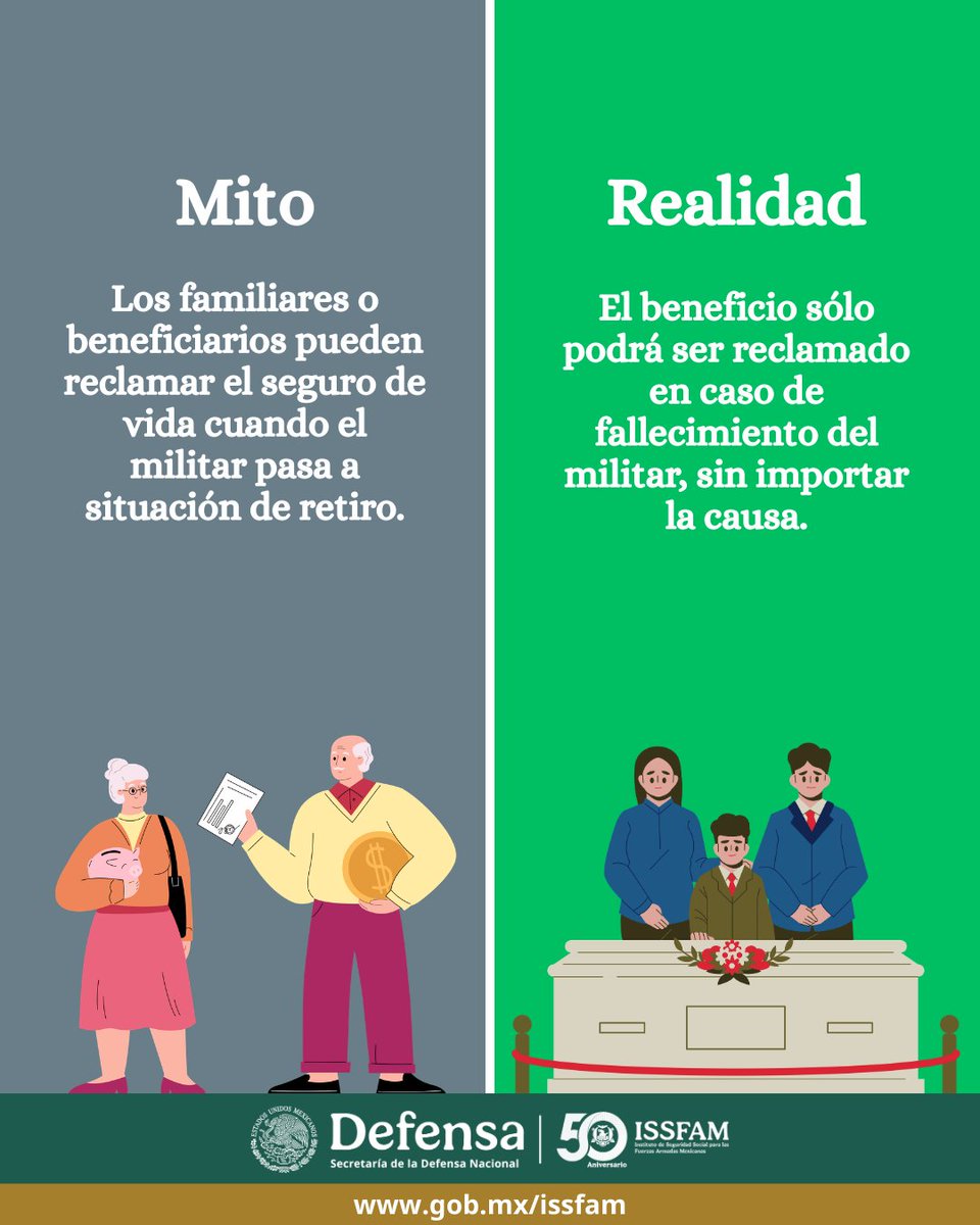 ISSFAM_mx's tweet photo. Mito vs Realidad: El SEVIMI no se cobra en vida, salvo incapacidad en acto del servicio.
👉 Infórmate en https://t.co/wn6XmzuiXW
#FamiliaMilitar #ISSFAMContigo #SEVIMI #ProtecciónFamilia https://t.co/RTaoAGmB4M