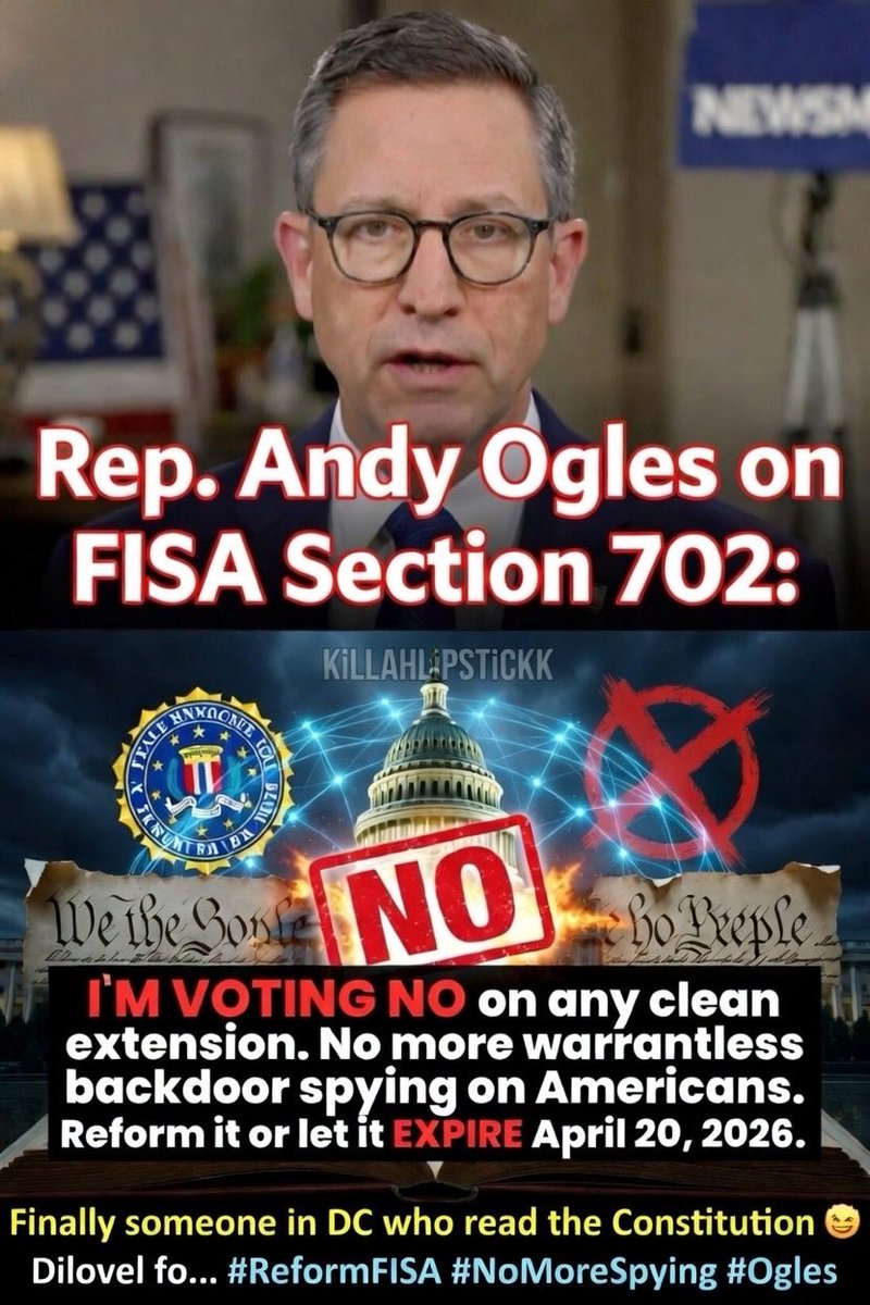 killahlipstickk's tweet photo. @BreannaMorello @GuntherEagleman @RepOgles "Congress be like: 'Renew our unlimited spying powers plz, no questions asked'  

Andy Ogles: 'Hold my Constitution...'  

I'm voting NO on any clean extension. Reform or let Section 702 DIE.  

KiLLaHLiPSTiCKK approves this message 😂  

#ReformFISA https://t.co/wVDpEytyEs