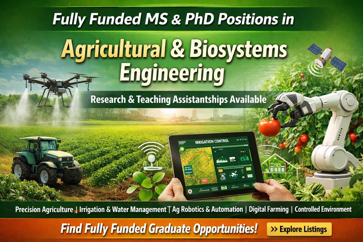 IOEAgrineer's tweet photo. Explore fully funded #PhD &amp; #MS  positions, #ResearchAssistantships, and #TeachingAssistantships in #AgriculturalEngineering #BiosystemsEngineering includes opportunities in #PrecisionAgriculture #AgRobotics #Irrigation, and more.
https://t.co/1E2SWyWoRD https://t.co/vrdcdvzWGC