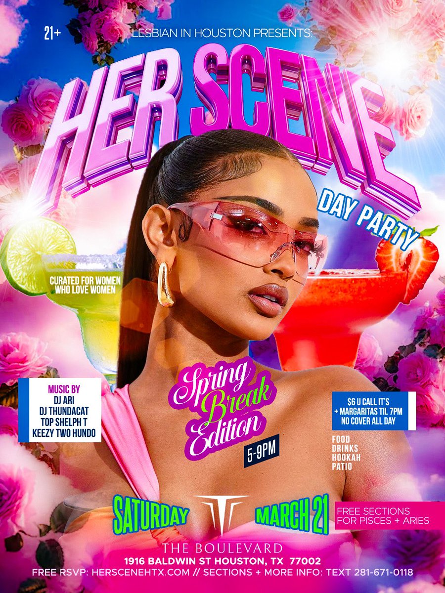 LesbianInHTX's tweet photo. HER SCENE 🌸🍹

Houston’s most lit all girl DAY PARTY
Spring Break Edition 💕

THIS SATURDAY! 
5–9PM
Free RSVP + $6 drinks

Outside all day 😮‍🔥 https://t.co/WcRsx03E3j