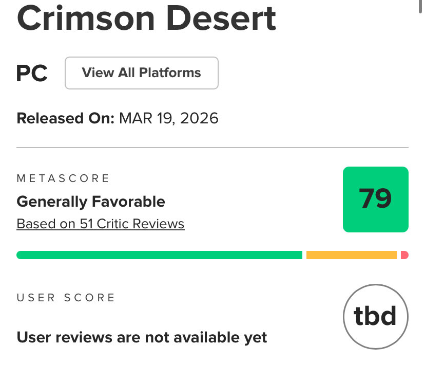 VGStations's tweet photo. صدور التقيم الأولي للعبة #CrimsonDesert على الحاسب الشخصي بمجموع 79 فقط !

رأيكم 🤔؟ https://t.co/yAPZMQH44L