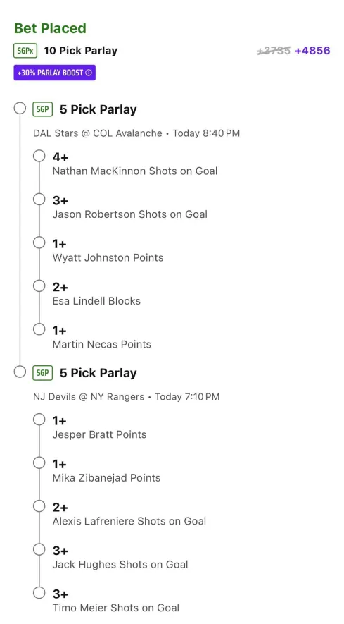 THE NHL MEGAAAAAAAAAAAA 🏒💣

Fresh off the +1500, lets shoot for another lotto here. I am playing each seperate SGP and then the duo combined! 

#NHLPicks #GamblingX