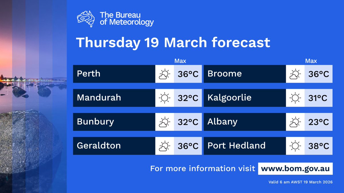 BOM_WA's tweet image. Showers and thunderstorms over the #Kimberley and surrounding areas. Chance of a shower over the eastern #Eucla and south of #MargaretRiver to #Albany. Hot over much of the #SouthWestLandDivision.

bom.gov.au/location/austr…