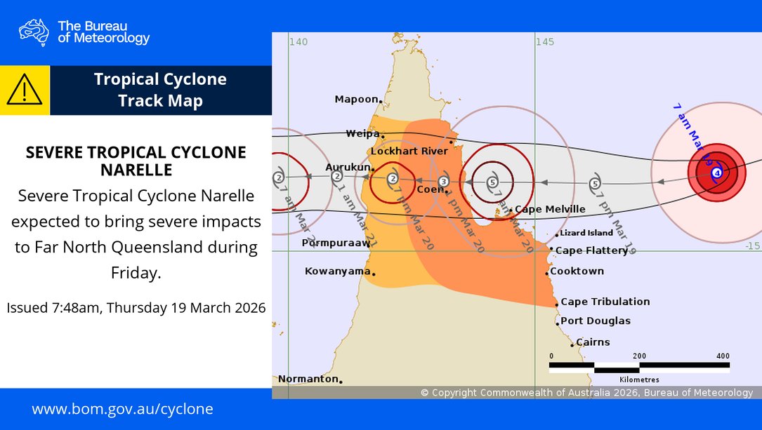 BOM_Qld's tweet photo. โ ๏ธ๐ 7:48am EST: Severe Tropical #CycloneNarelle expected to bring severe impacts to Far North #Queensland on Friday.
Warning zone: #LockhartRiver to #CapeTribulation.
Watch zone: Western #CapeYorkPeninsula between #Weipa & #Kowanyama.
Latest Track Map: https://t.co/kz7crJQfHK https://t.co/OENVmyTPal