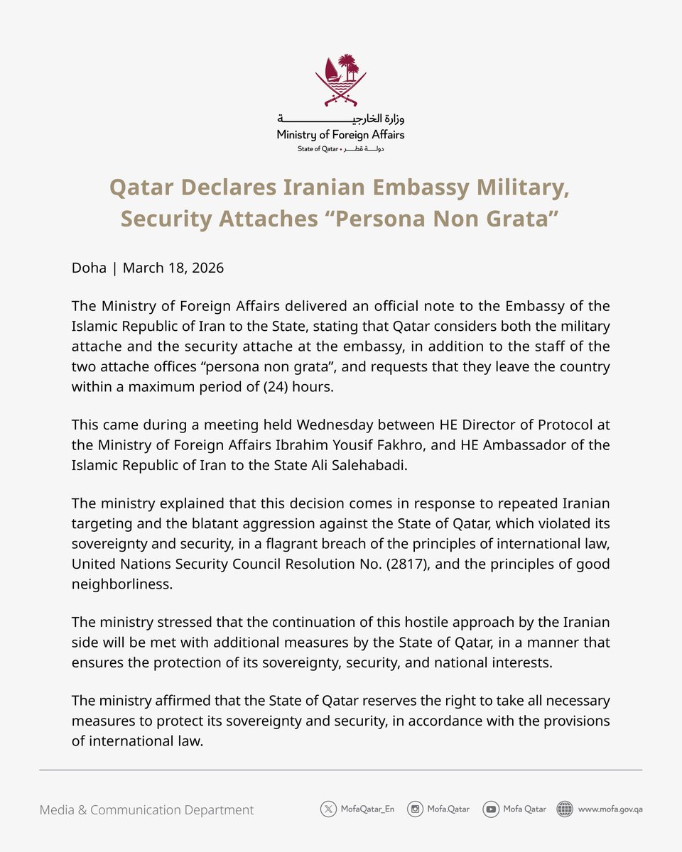 DeepakKrish87's tweet photo. #Qatar declares Iranian Embassy Military, Security Attaches "Persona Non Grata". This follows the brazen attack on the country's energy infrastructre by #Iran.
#Doha https://t.co/ap6Btb1TqP