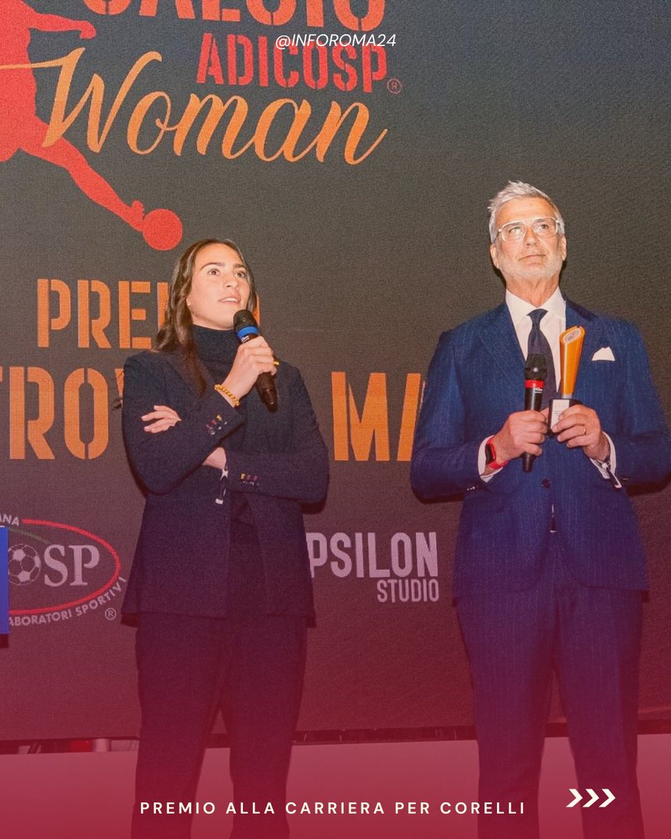 inforoma24's tweet photo. 🟡🔴 Alice #Corelli ha ricevuto al @GGDLF il premio come migliore calciatrice under 23. A premiarla è stato proprio Ubaldo #Righetti, ex giocatore dell'#ASRoma. https://t.co/VdzG3BSv4n
