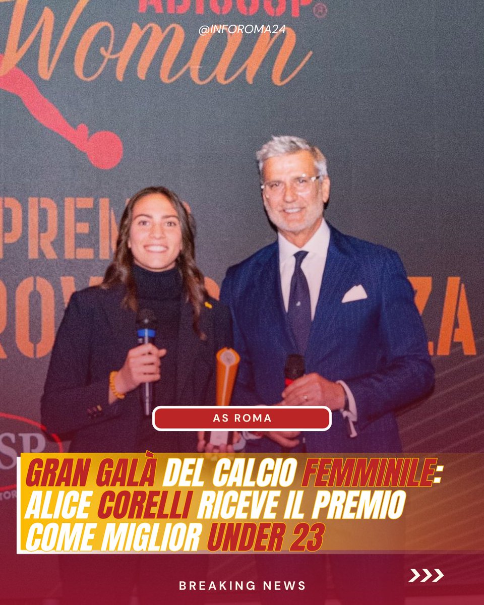 inforoma24's tweet photo. 🟡🔴 Alice #Corelli ha ricevuto al @GGDLF il premio come migliore calciatrice under 23. A premiarla è stato proprio Ubaldo #Righetti, ex giocatore dell'#ASRoma. https://t.co/VdzG3BSv4n