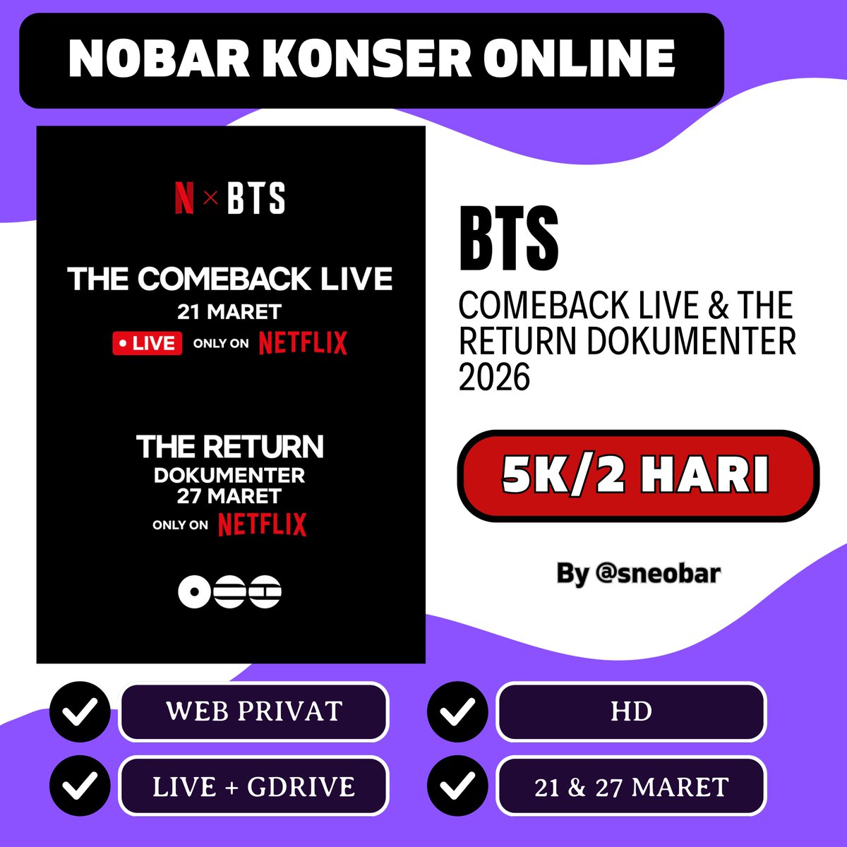 pxanci's tweet photo. OPEN SHARING NOBAR KONSER ONLINE BTS COMEBACK LIVE &amp; THE RETURN DOKUMENTER 2026

💵 5K Dapat 2 Hari

🗓 Sabtu, 21 Maret 18.00 WIB
🗓 Jumat, 27 Maret TBA WIB

Cara Order : Silahkan klik link dibawah ini
> https://t.co/xJYUZ1rEHt

✅ Live + Gdrive Record Selamanya
✅ Web Privat https://t.co/SNr2TJd0DB