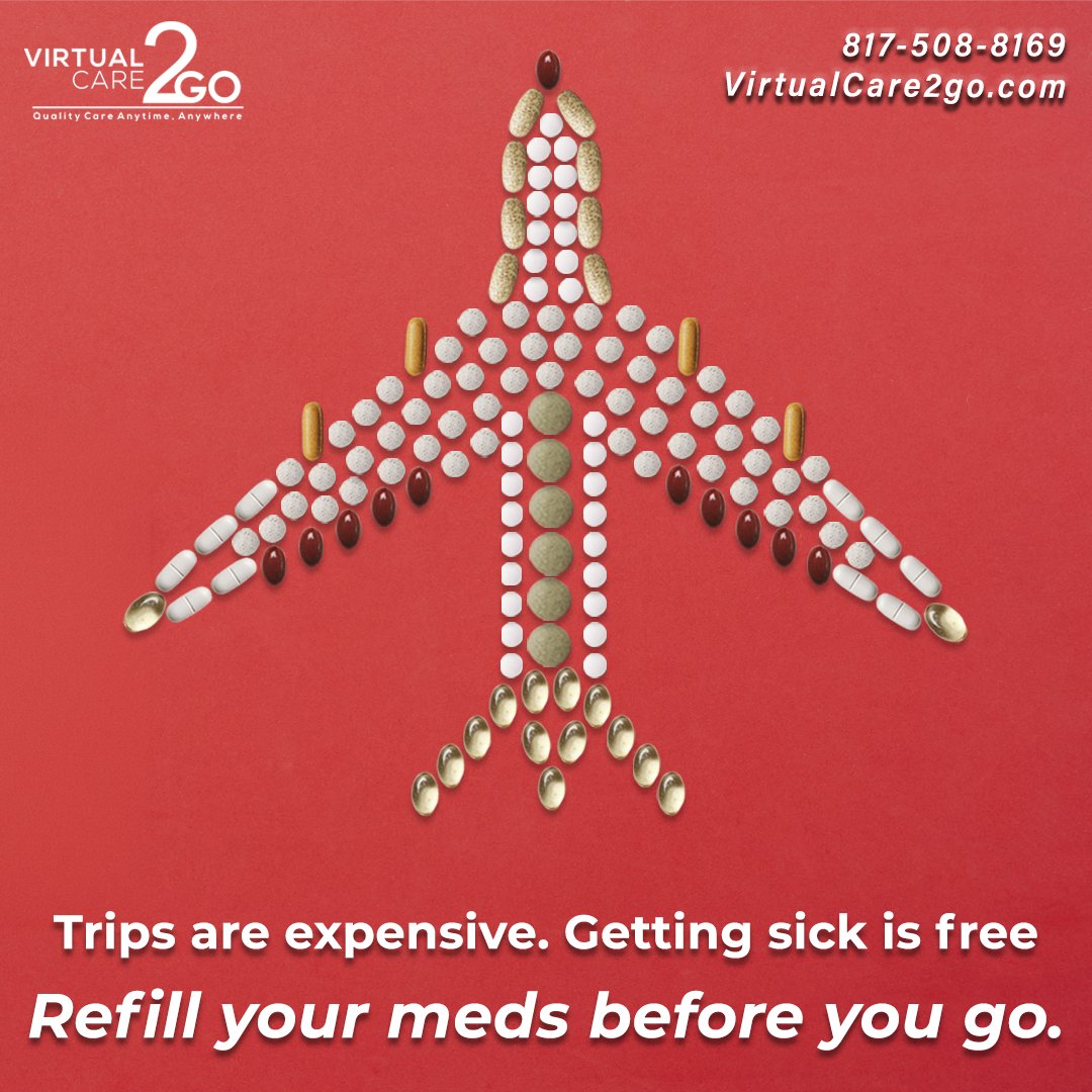 VirtualCare2go's tweet photo. Trips are expensive… getting sick isn’t🤧✈️

Refill your medications before you travel. Running out or missing doses can lead to unnecessary stress, delayed care, or worsening symptoms while away from home.

#TravelHealth #StayPrepared #Telehealth #HealthyTravel #PreventiveCare https://t.co/5yfDnL940O