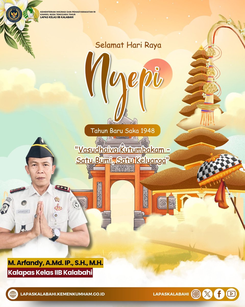 LapasKalabahi's tweet image. Kami Segenap Keluarga Besar Lembaga Pemasyarakatan Kelas IIB Kalabahi Mengucapkan

Selamat merayakan Hari Raya Nyepi Tahun Baru Saka 1948🙏😇

"Vasudhaiva Kutumbakam - Satu Bumi, Satu Keluarga"
 
#LapasKalabahi
#KemenimipasRI
#DitjenpasRI
#DitjenpasNTT
