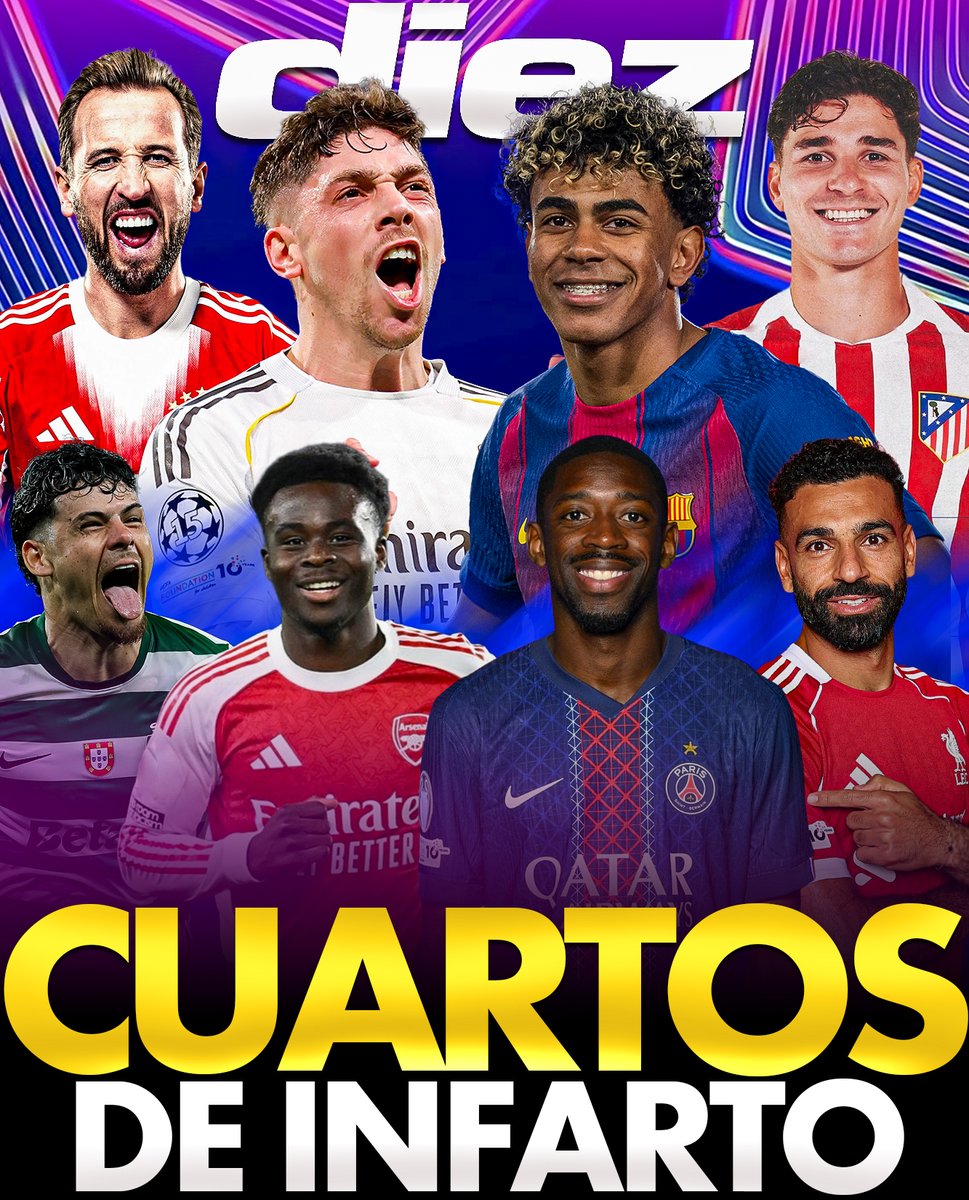 ¡DE INFARTO! 🥵🔥
Los cuartos de final de Champions League ya están servidos.

PSG ⚔️ Liverpool
Real Madrid ⚔️ Bayern Múnich
Barcelona ⚔️ Atletico de Madrid
Sporting ⚔️ Arsenal

¿Quién levantará la Orejona? 👀