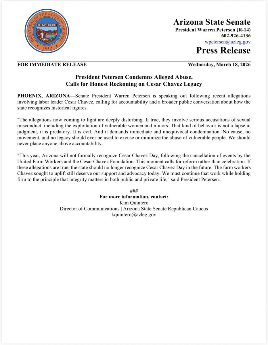 IMMEDIATE RELEASE: President Petersen Condemns Alleged Abuse, Calls for Honest Reckoning on Cesar Chavez Legacy.