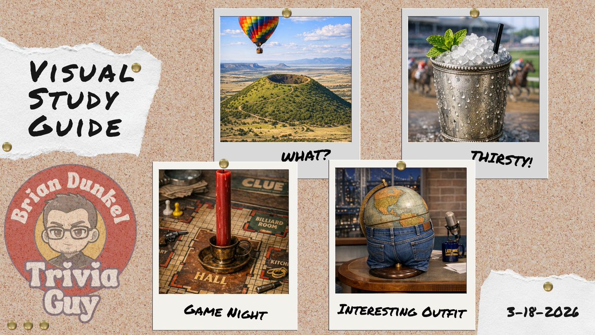 bcdunkeltrivia's tweet photo. Tonight’s visual study guide is live! 🕵️‍♂️ Can you and your squad decipher these 4 clues before the questions are even asked?

🕯️ Candlestick on a Clue
🧊 Frosty silver cup
👖 Denim-clad globe
🌋 Flight above a dormant peak https://t.co/PZRKo8AYEL
