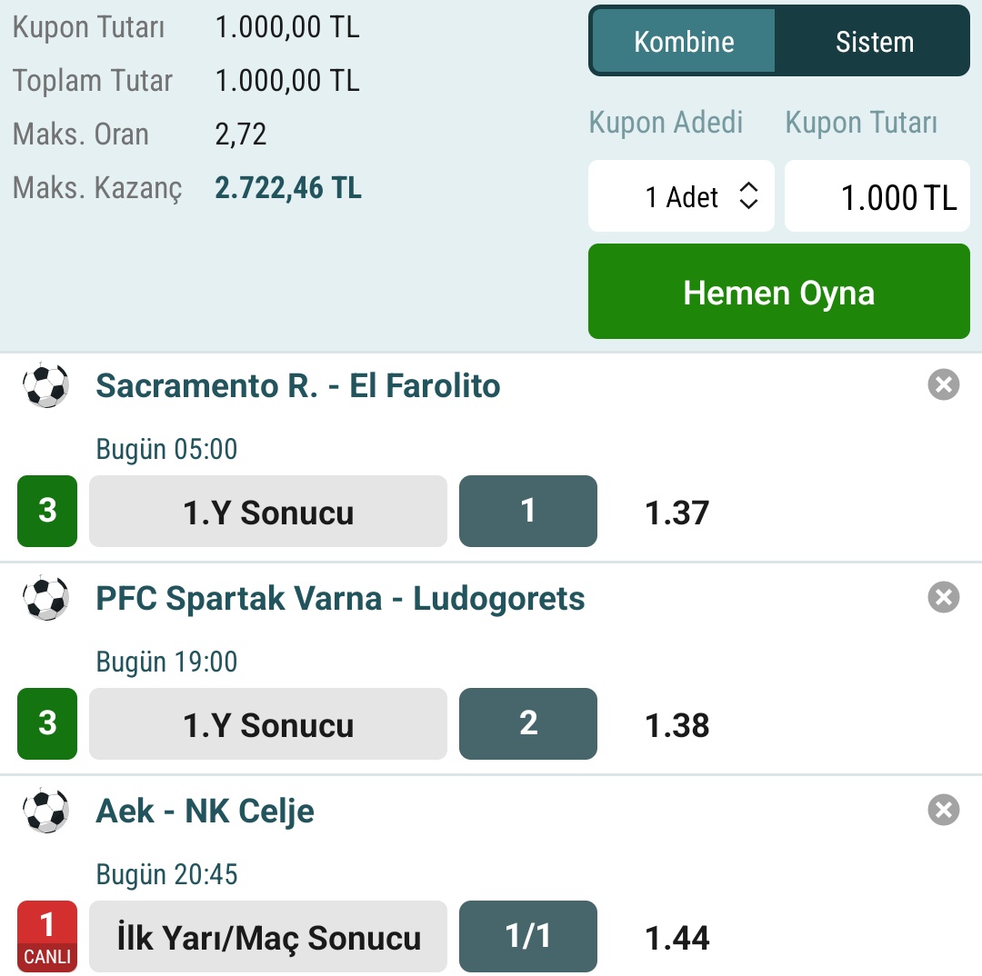 LHbetpredict's tweet photo. Kasa Katlama kuponu ;

Sacramento R. - El Farolito
IY : 1
MS : 1
Ms 1 &amp; 2.5 Üst 

PFC Spartak Varna - Ludogorets
IY : 2
MS : 2
Ms 2 &amp; 2.5 Üst 

Aek - NK Celje
IY : 1
MS : 1
Ms 1 &amp; 2.5 Üst https://t.co/W3TeJRV3XR
