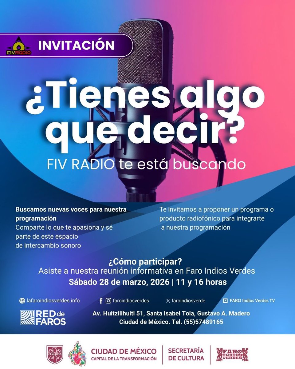 FaroIndiosVerde's tweet photo. ¿Alguna vez has soñado con tener tu propio programa de radio?
Este es el momento de apropiarnos de nuestros medios y construir comunidad a través de la palabra.
📍#FaroIndiosVerdes
🗓️Sábado 28 de #marzo2026, 11 y 16 horas
💥Acude a la hora que mejor se te acomode. https://t.co/9khNNU3nTk
