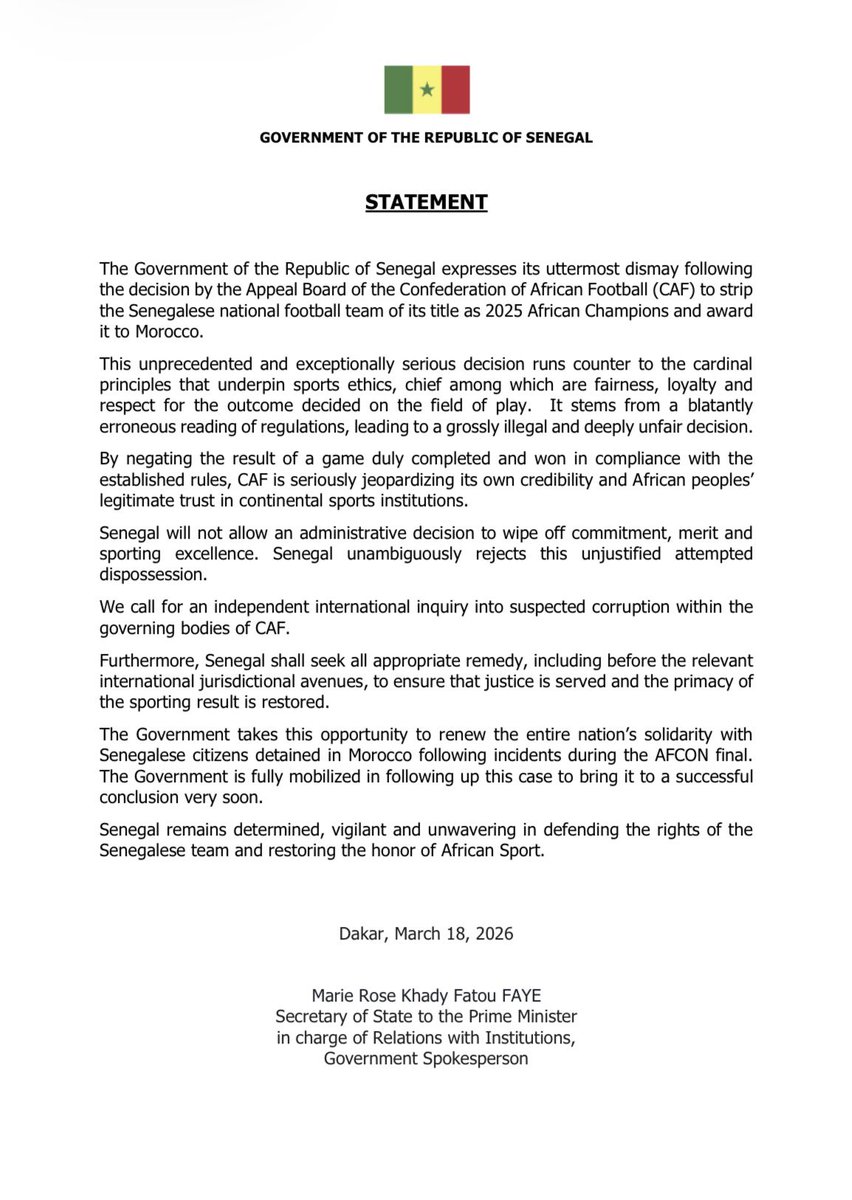 Versions en Arabe et en Anglais du Communiqué  du Gouvernement du Sénégal concernant la décision du jury d'appel de la Confédération africaine de Football.