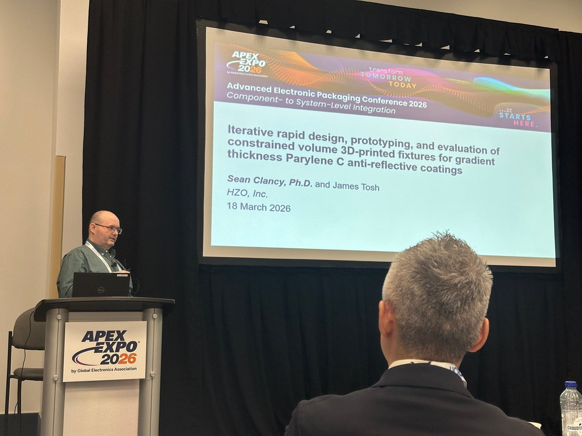 HZOinside's tweet photo. Sean Clancy presenting at APEX Expo on his work from a recent HZO and #NASA collaboration. We’re proud of Dr. Clancy and his accomplishments at HZO! #APEXEXPO #Parylene #TeamHZO https://t.co/7Wst1pu0zm