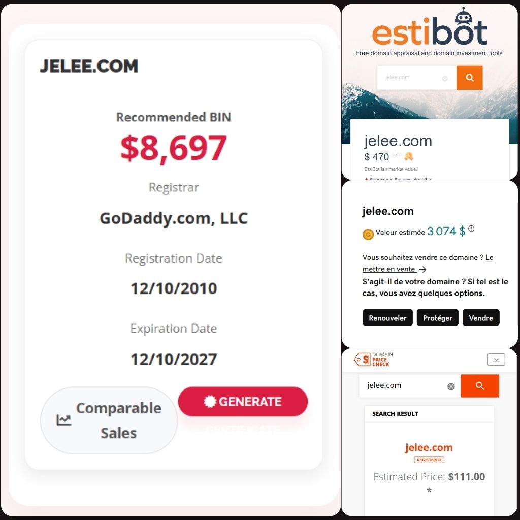 🌐 Jelee .com

💰 Sold Price : $6,988

✔ @DNRater Recommended BIN : $8,697
✔ Estibot Valuation : $470
✔ Godaddy Estimation : $3,074
✔ InternetX Appraisal : $111

📌 Venue : <a href="/afternic/">Afternic</a> 
📆 2026-03-17