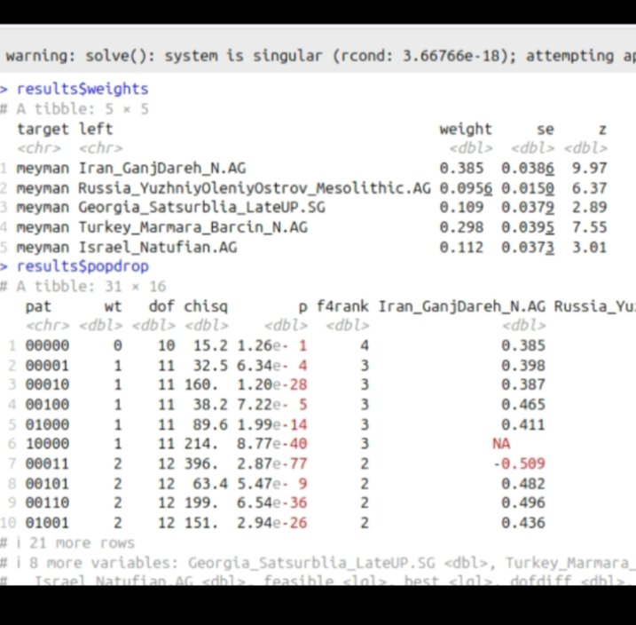 İd numarasında Bana en yakın iki örnekleri 
Gars IREJ-T184 ağırlığı: %56.6
Ezidi EZI-001 ağırlığı: %43.4
Benim yaptığım qpadm anamiziyle aynı nerdeyse