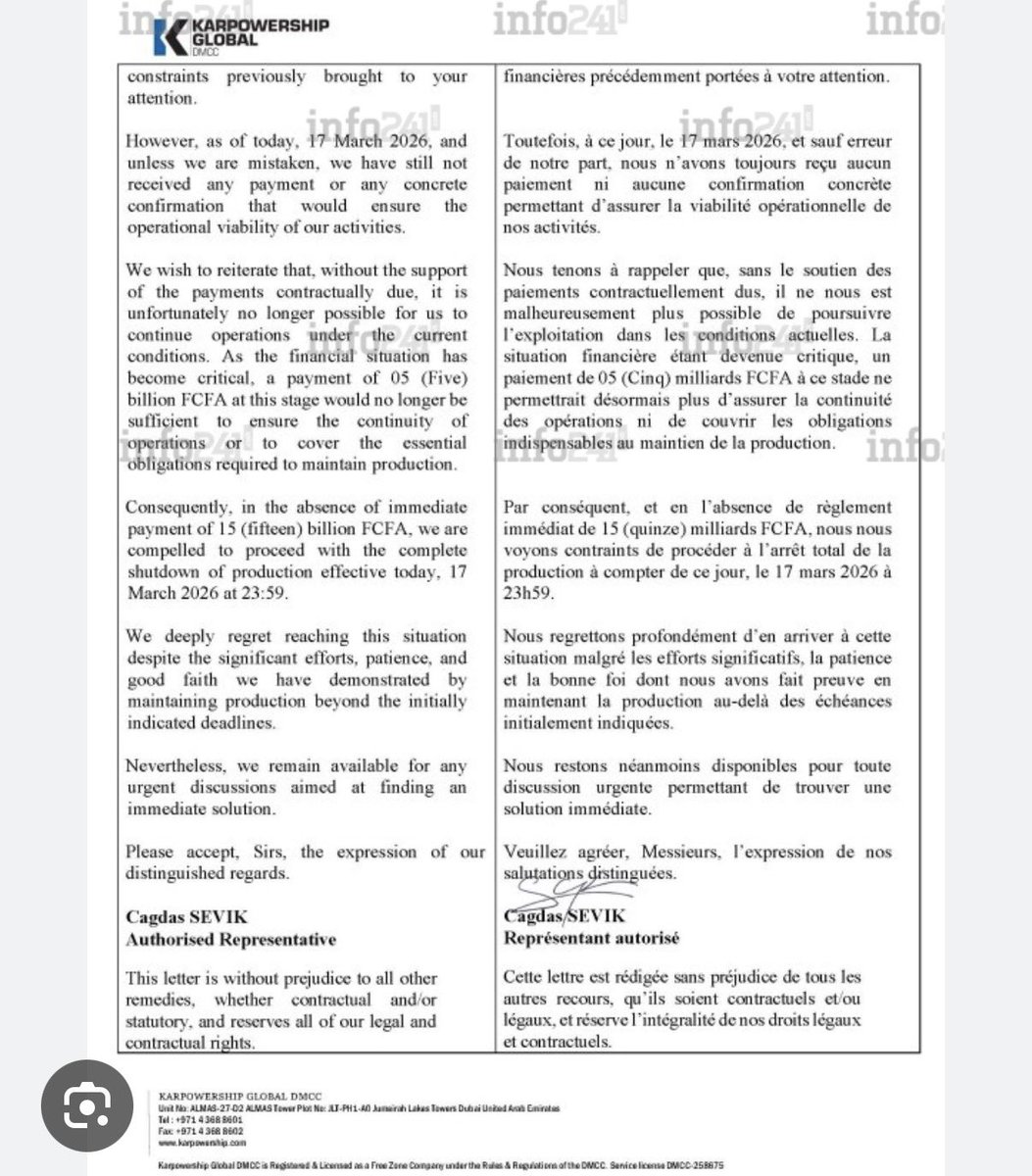 Voilà comment la #SEEG publie un communiqué pour tenter de démentir les menaces de l’entreprise turque, qui aurait exigé 15 milliards sous peine d’interrompre la production de ses bateaux flottants.
Encore une fois, on assiste à des contre-vérités au plus haut sommet de l’État,