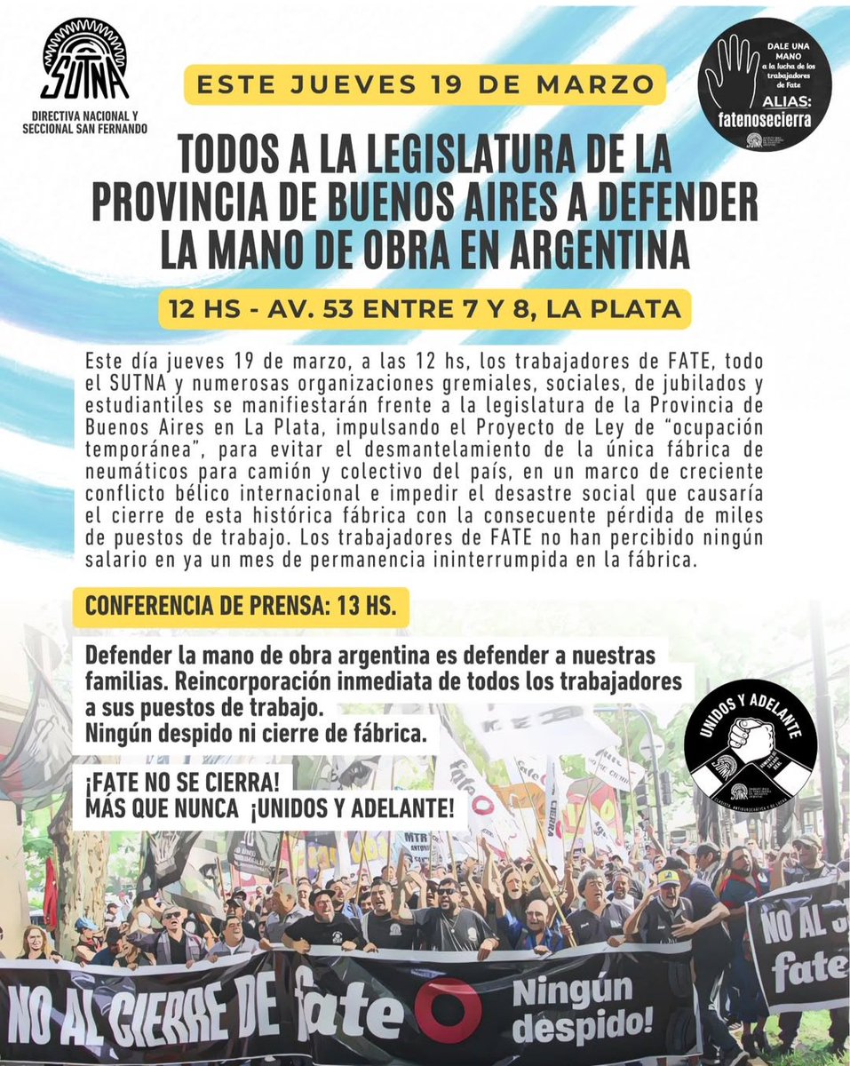 monschlotthauer's tweet photo. Este jueves 19/3 voy a acompañar como diputada provincial a los trabajadores de FATE y el @SutnaNacional a la Legislatura bonaerense. 

Desde la banca de @IzqSocialista #FITUnidad somos parte del proyecto de ley para que la @BAProvincia reabra la fábrica y en defensa de todos los puestos de trabajo.
¡Ni cierre ni despidos!

 #FATENoseCierra