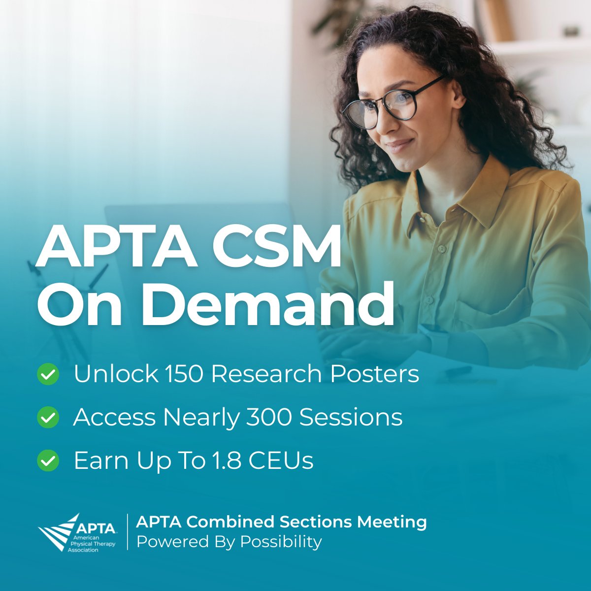 APTA_official's tweet image. #APTACSM On Demand offers nearly 300 recorded sessions and 150 research posters — equipping you with cutting-edge insights and learning you won’t find anywhere else. 🚀

Up to 1.8 CEUs available! Access through May 6: csm.apta.org/programming/on…

#PhysicalTherapy #ContinuingEducation