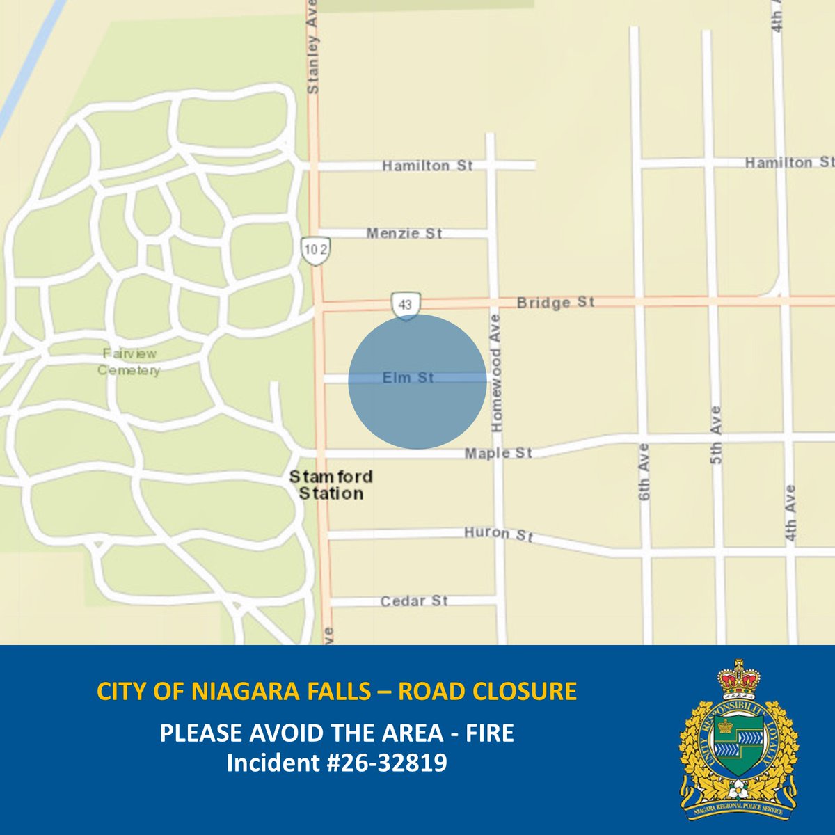 NiagRegPolice's tweet image. Elm Street is closed between Stanley Avenue and Homewood Avenue due to a house fire.
Please avoid the area.