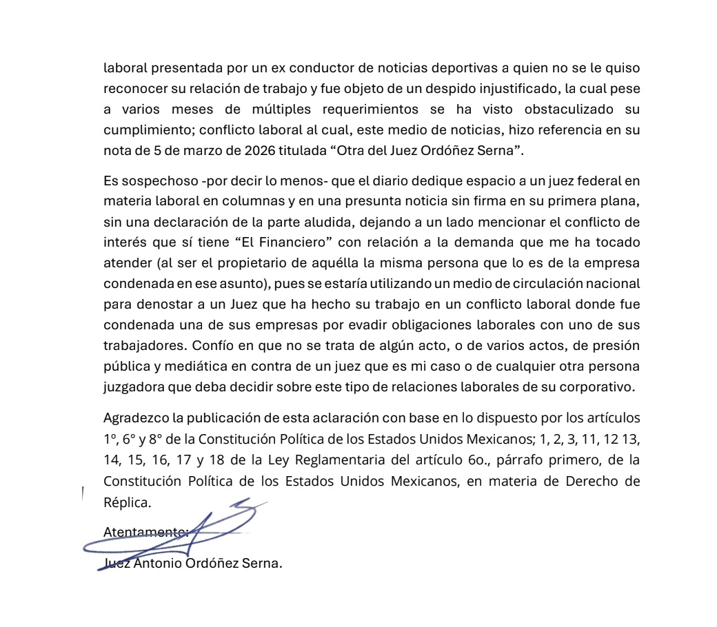 En días recientes se han publicado "notas" sin firma y columnas anónimas en El Financiero, un diario que me ha dedicado una atención sospechosa.
Ayer, en ejercicio de mi derecho de réplica, solicité oficialmente el envío de esta carta aclaratoria a ese periódico: